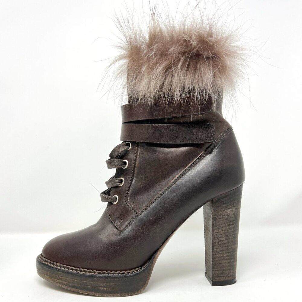 Brunello Cucinelli Brown‎ Leather Fur‑Trim Lace‑Up High‑Heel Boots Size 37.5